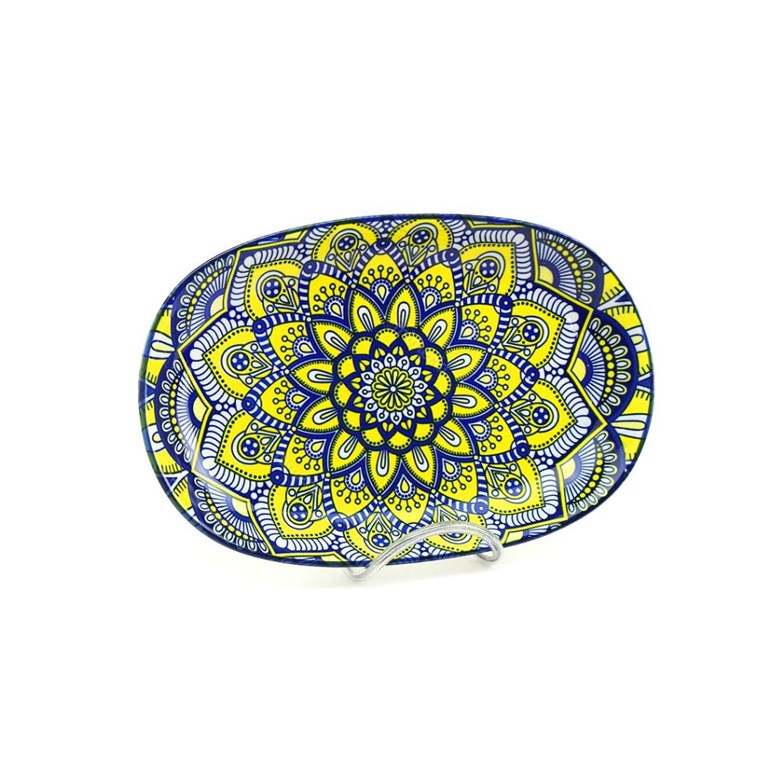 Bandeja de Cerâmica Oval Estampada Mandala Azul e Amarela