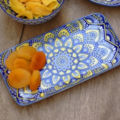 Bandeja de Cerâmica Retangular Estampada Mandala Azul e Amarelo