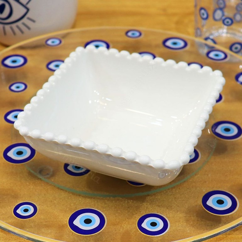Bowl de Cerâmica Quadrado Bolinhas Branco
