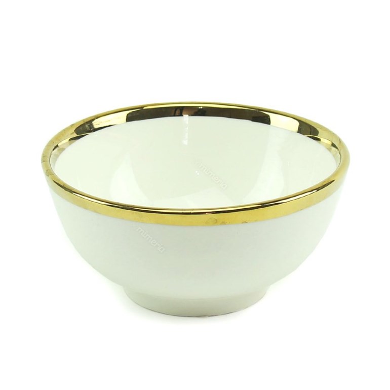 Bowl de Cerâmica Redondo Branco com Borda Dourada Grande