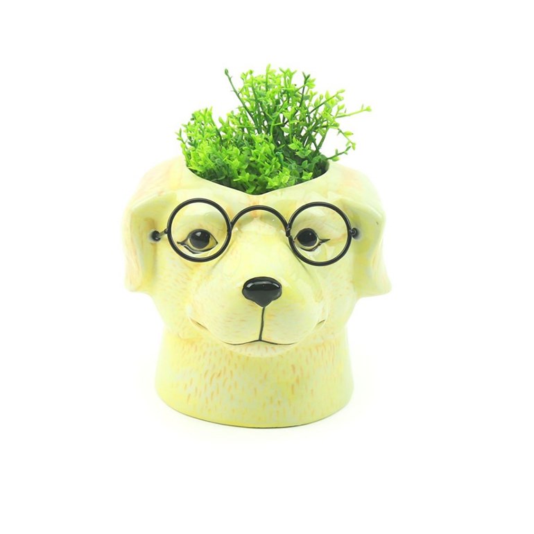 Cachepô em Porcelana Cachorro com Óculos Amarelo