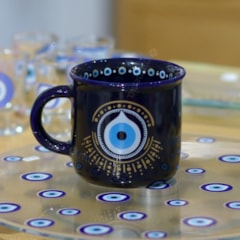 Caneca Retrô Mão de Hamsa e Olho Grego Azul