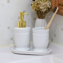 Conjunto de 3 Peças para Banheiro em Cerâmica Greece Branco e Dourado