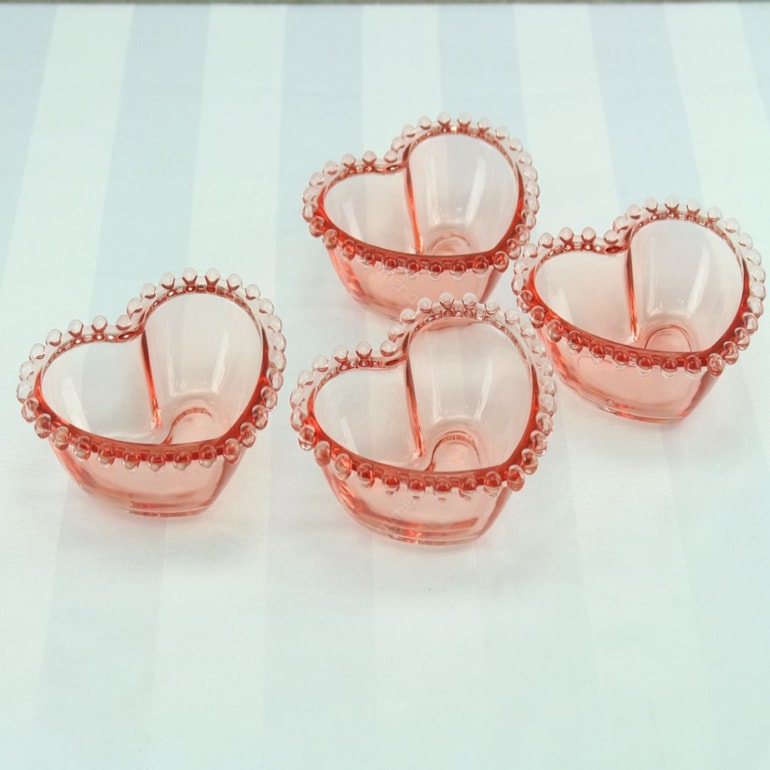 Conjunto de 4 Bowls Coração de Cristal de Chumbo Pearl Rosa Pequenos