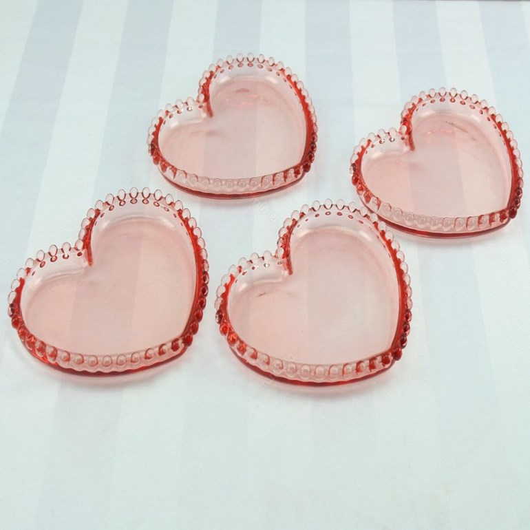 Conjunto de 4 Pratos Coração de Cristal de Chumbo Pearl Rosa Pequenos