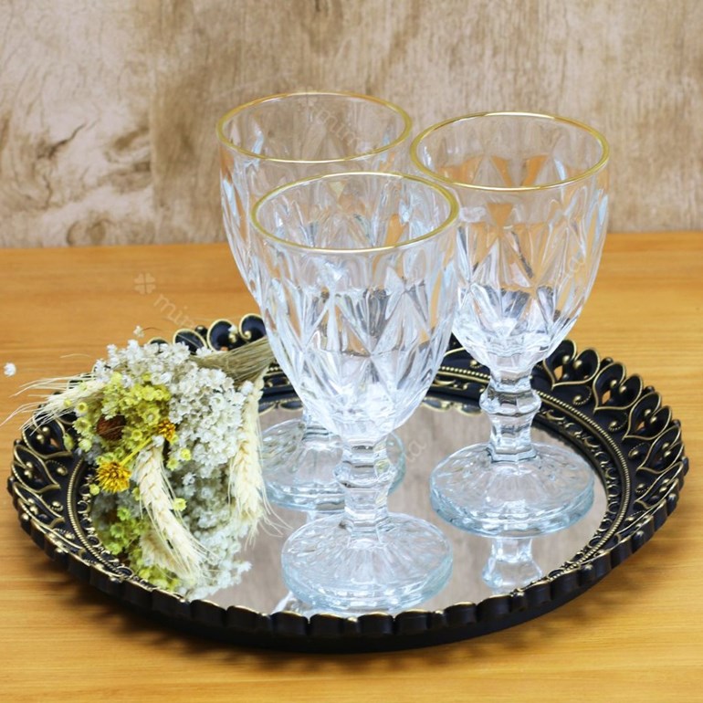 Conjunto de 6 Taças de Vidro para Bebidas com Fio de Ouro Diamond Transparente