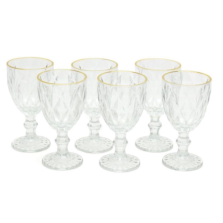 Conjunto de 6 Taças de Vidro para Bebidas com Fio de Ouro Diamond Transparente