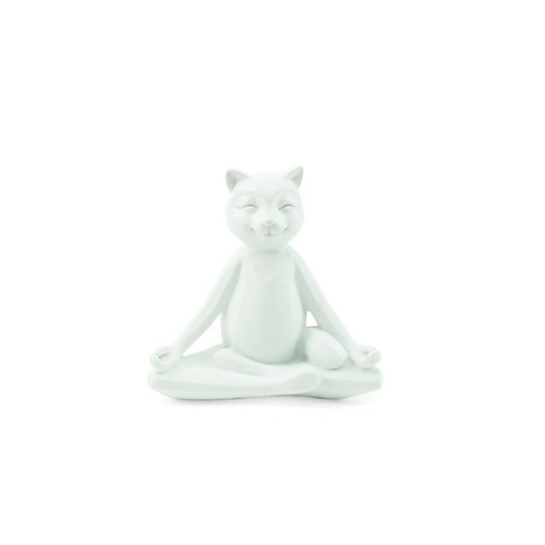 Escultura Gato Branco Yoga Posição de Lótus
