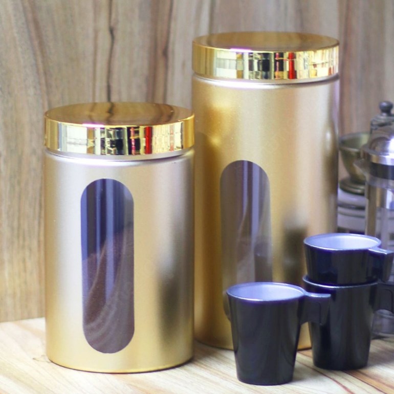 Kit 2 Potes com Visor Metalizado para Mantimentos Dourado