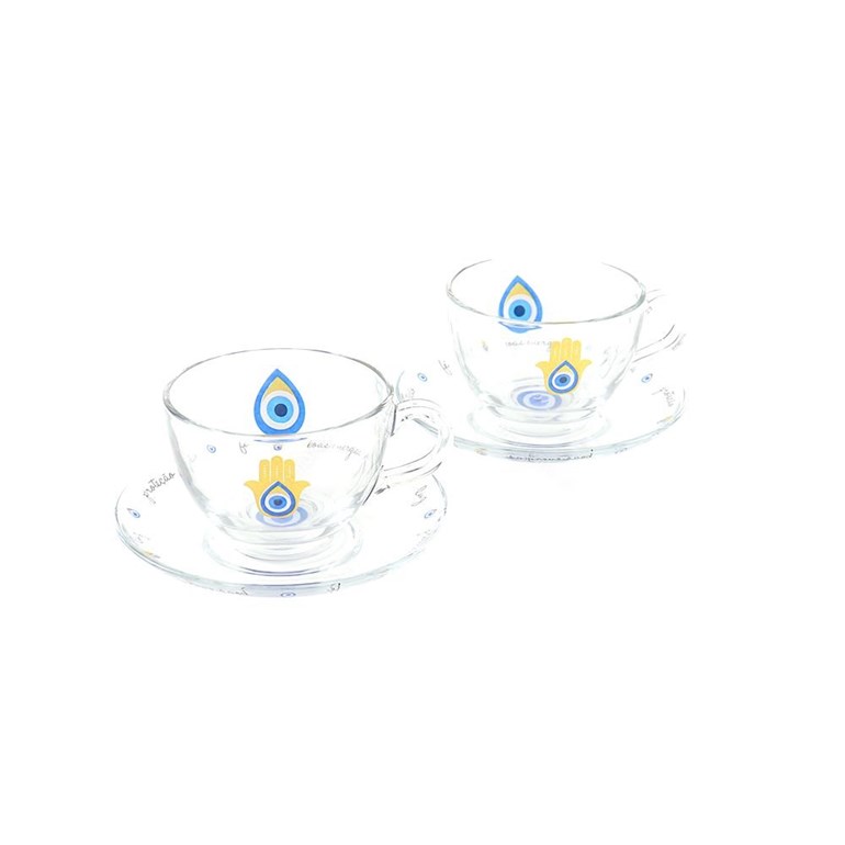 Kit 2 Xícaras de Chá com Pires de Vidro Olho Grego Boas Energias