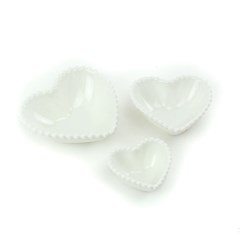 Kit 3 Bowls de Cerâmica Coração Bolinhas Branco