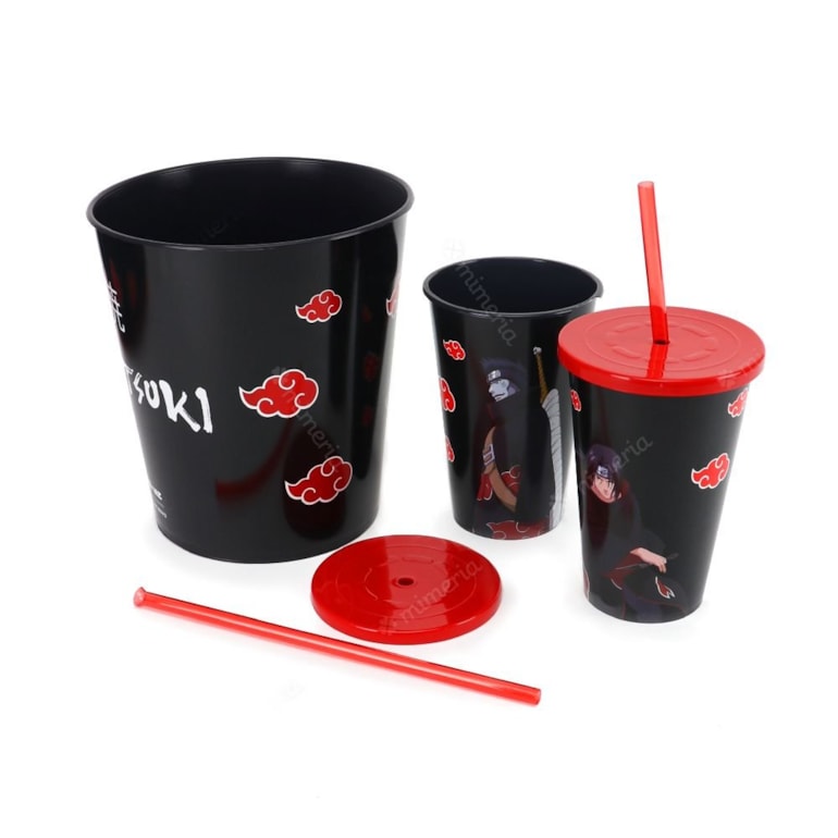 Kit Almofada Porta Pipoca Naruto - Akatsuki com 2 Copos