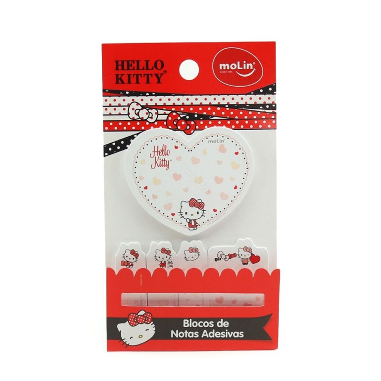 Kit Bloco Notas Adesivas Coração Hello Kitty com 5 Unidades