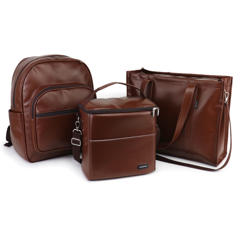 Kit Bolsa Tote Pro com Alça + Mochila Essential + Térmica Move Grande Marrom Cacau