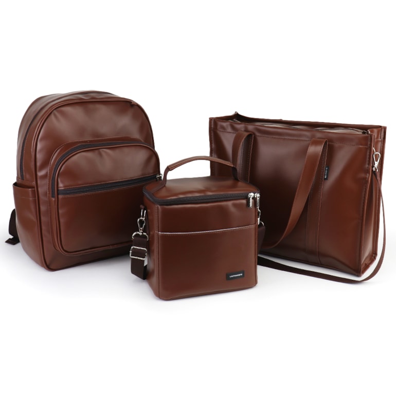 Kit Bolsa Tote Pro com Alça + Mochila Essential + Térmica Move Média Marrom Cacau