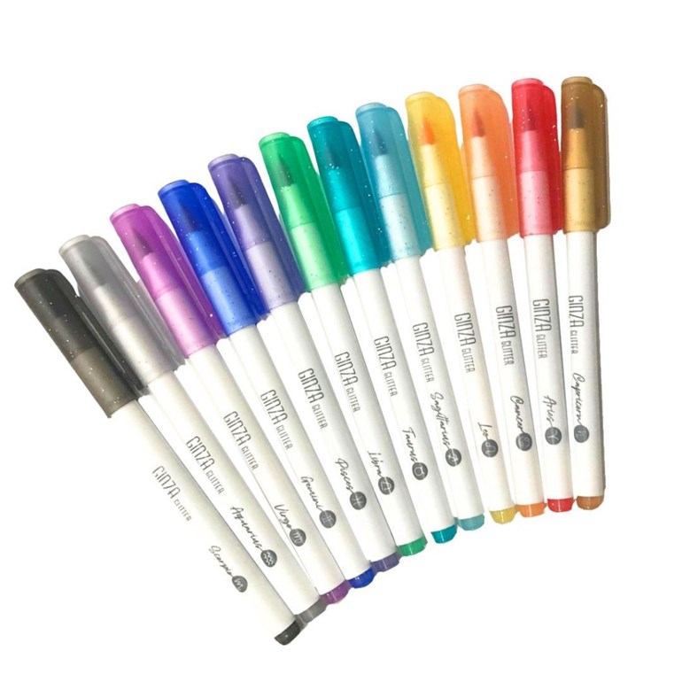 Kit Caneta New Pen Pincel Brush Zodíaco Glitter com 12 Cores Sortidas