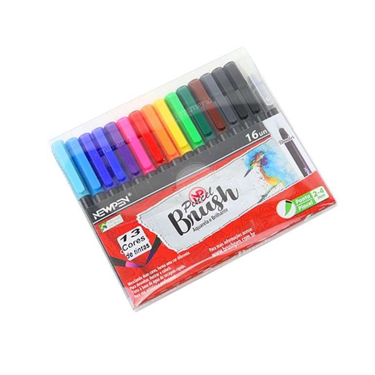Kit Canetas Brush Pen Newpen com 16 Cores com Blender