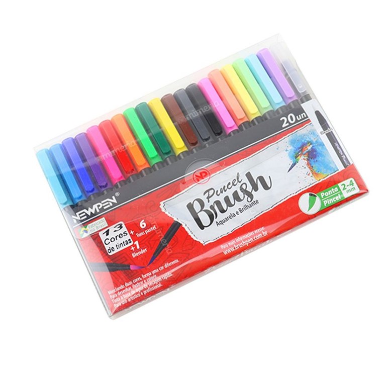 Kit Canetas Brush Pen Newpen com 20 Cores com Blender