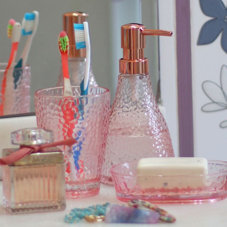 Kit de Banheiro em Vidro Elegant Rosa