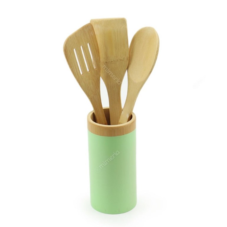 Kit de Utensílios de Bambu com Pote Soft 3 Peças Verde