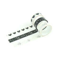 Kit Fitas Adesivas Washi Tape Love com 3 Unidades Coração Preto e Branco