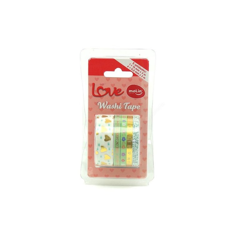Kit Fitas Adesivas Washi Tape Love com 5 Unidades Corações