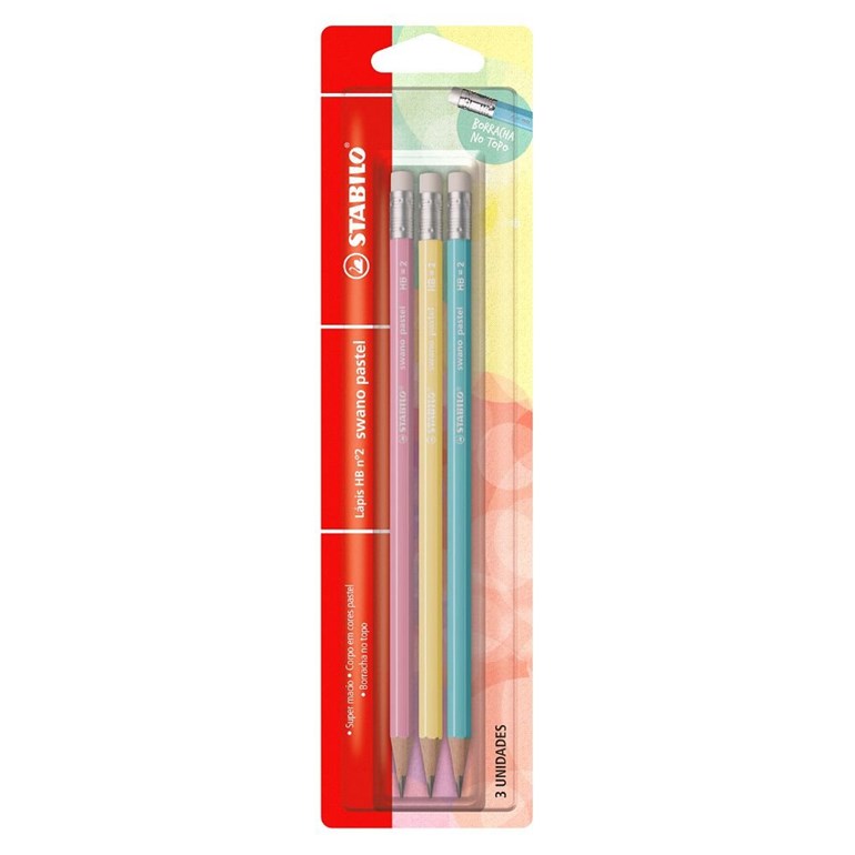 Kit Lápis Stabilo HB Pastel com 3 Cores (Rosa, Azul e Amarelo)