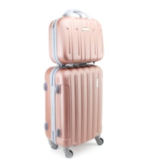 Kit Mala de Viagem com Rodinhas e Frasqueira Trip Rose Gold e Prata