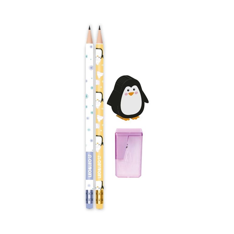 Kit Pinguim Lilás com 2 Lápis, Apontador, Borracha