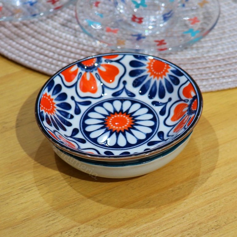 Mini Bowl de Cerâmica Oriental Flores Azul e Laranja