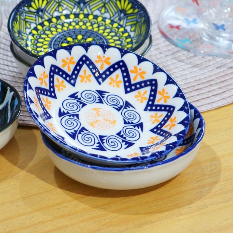 Mini Bowl de Cerâmica Oriental Tribal Azul e Laranja