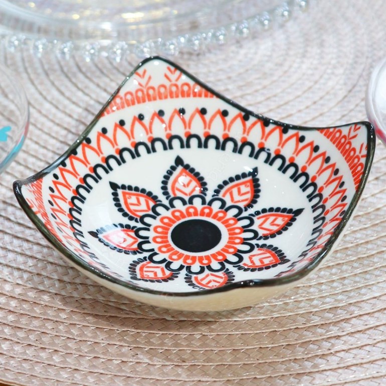 Mini Bowl de Cerâmica Quadrado Mandala Floral Vermelha