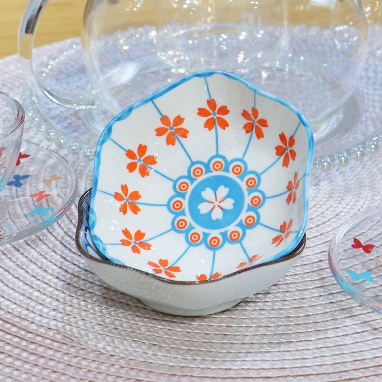 Mini Bowl de Cerâmica Sextavado Azul Claro e Laranja