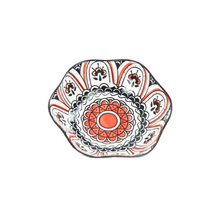Mini Bowl de Cerâmica Sextavado Mandala Vermelha e Preta