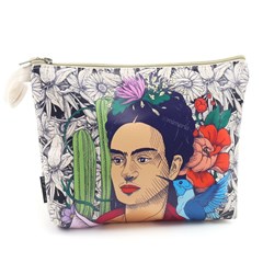 Necessaire de Viagem Grande Estampada Frida Kahlo Cacto e Flor