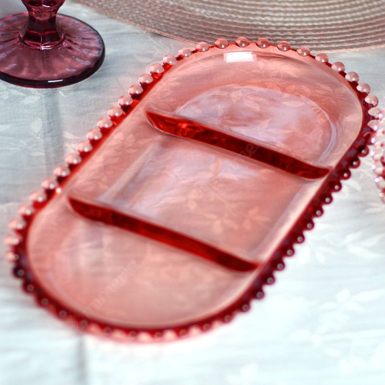 Petisqueira Oval de Cristal de Chumbo com 3 Divisórias Pearl Rosa