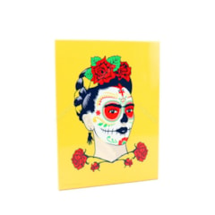 Placa de Metal Decorativa Frida Kahlo Flores e Face Amarela