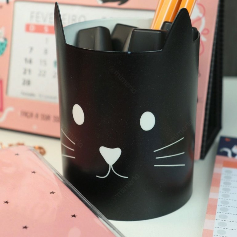 Porta-Lápis em Aço Gato Preto