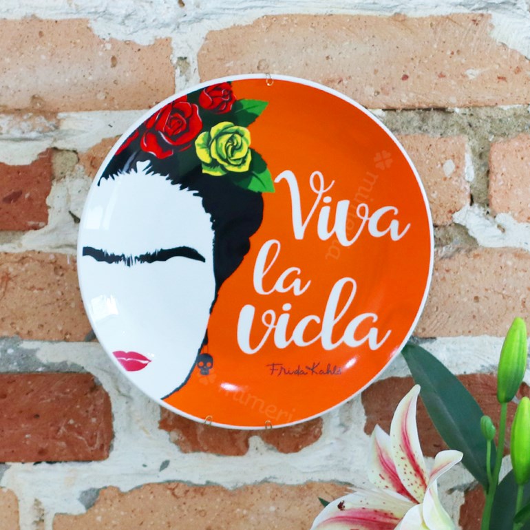 Prato de Porcelana Frida Kahlo Viva la Vida Laranja