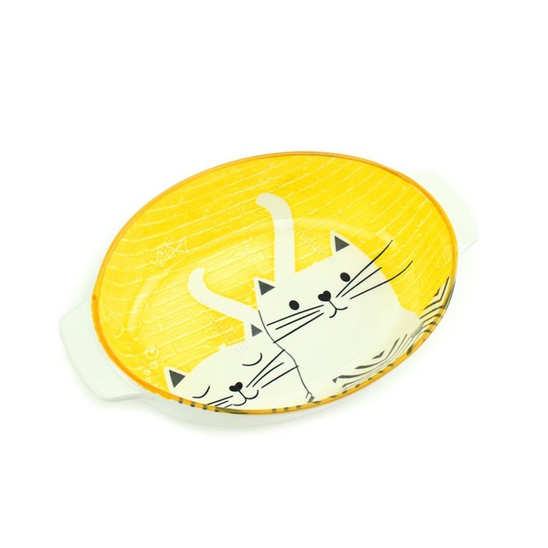 Tigela de Cerâmica Oval com Alça Estampada Gatos Amarela Grande